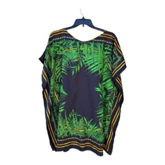 Green Botanical Gold Chain Print 100% Silk Short Caftan One Size - Picture 8 of 8